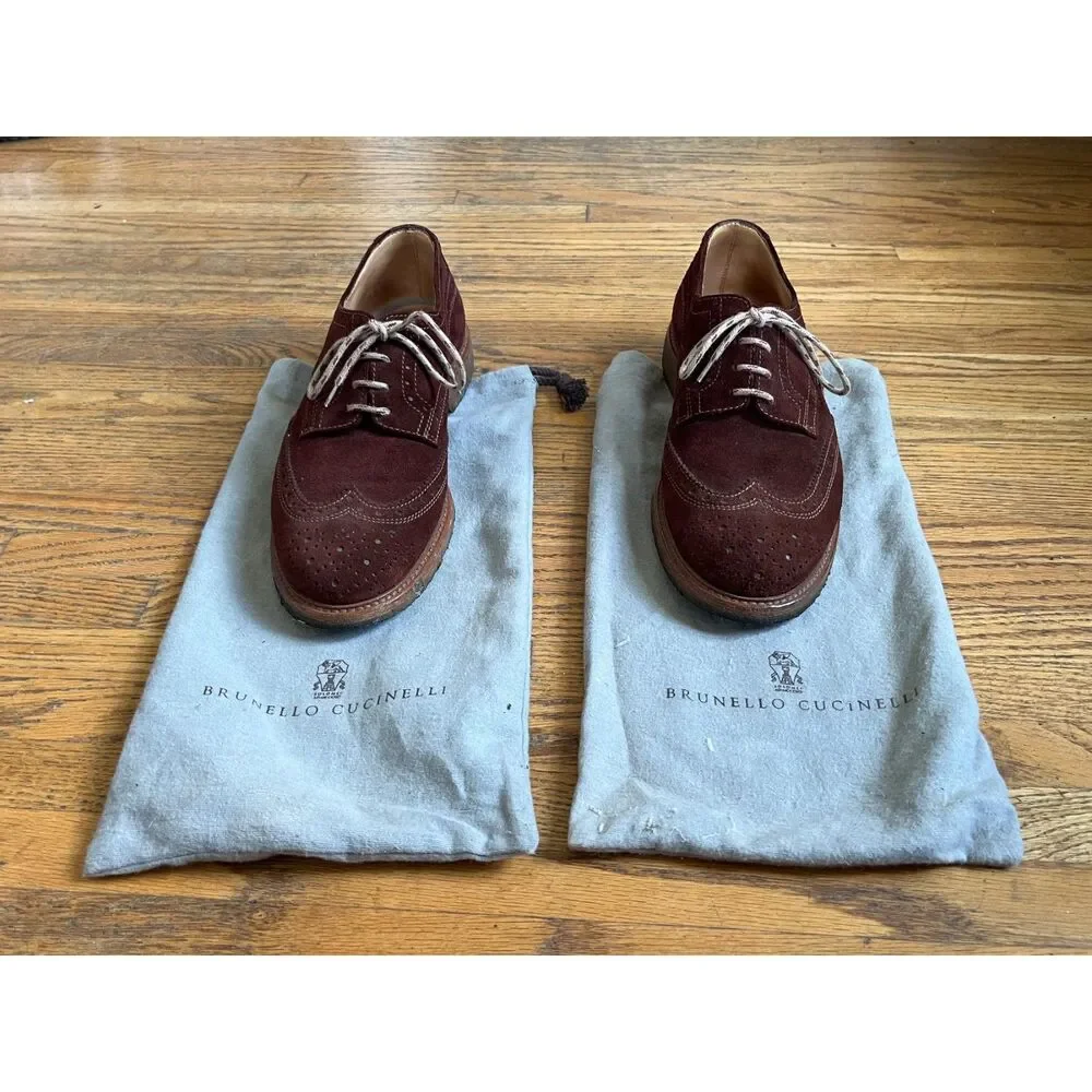 BRUNELLO CUCINELLI Maroon Suede Oxford Wingtip Brogue Derby Shoes  Mens Size 43